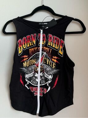 Fashion Nova Born to Ride Zip Up Tank Top | Graphic Moto Rock Crop